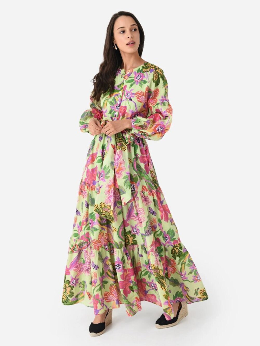 Banjanan Lilith Tiered Maxi Dress Whimsical Cottagecore Pink Green - Medium